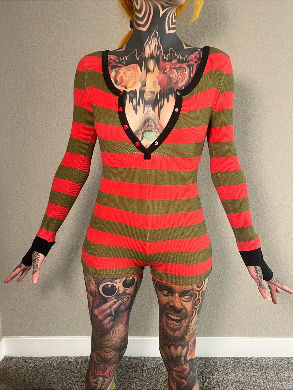 Dolls Kill Olive Green and Red Striped Thermal Romper Halloween